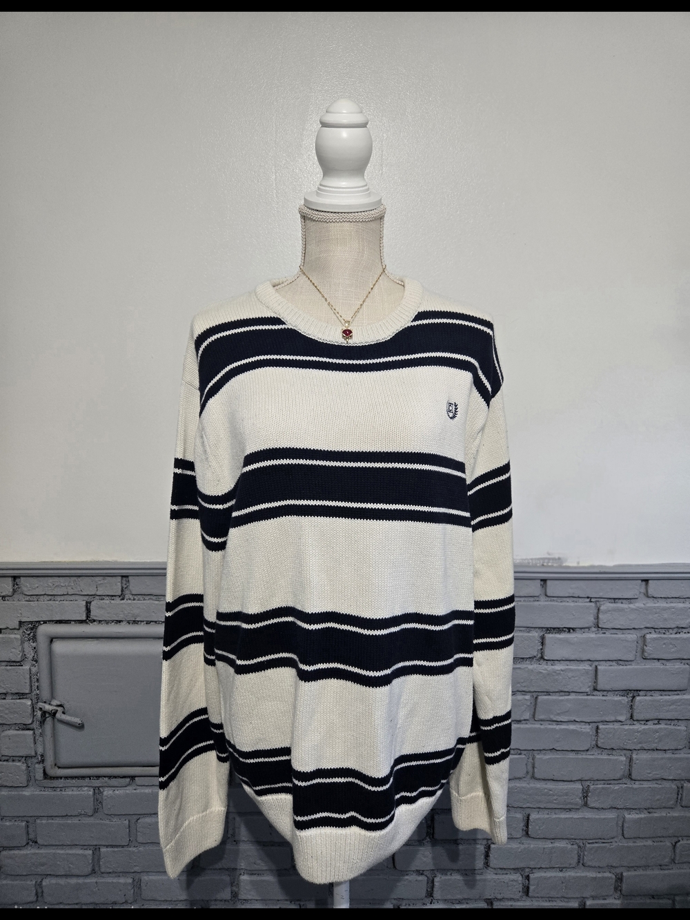 Chaps Navy and Cream Striped Crewneck Sweater
